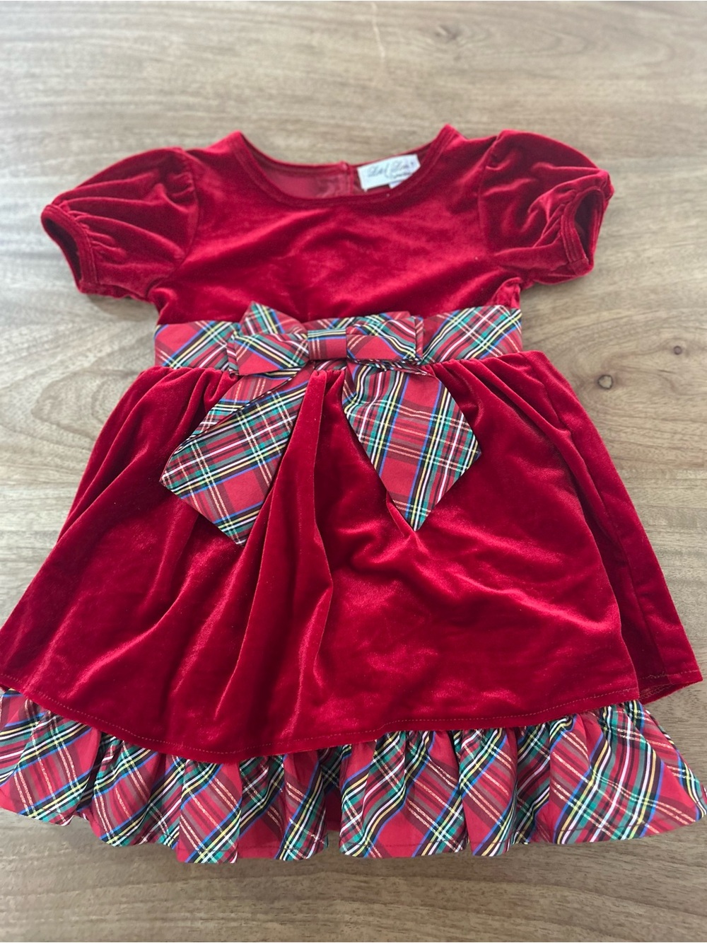 Girls Red Velvet Holiday Dress with Plaid Bow- 24 months